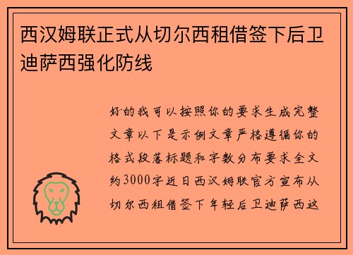 西汉姆联正式从切尔西租借签下后卫迪萨西强化防线