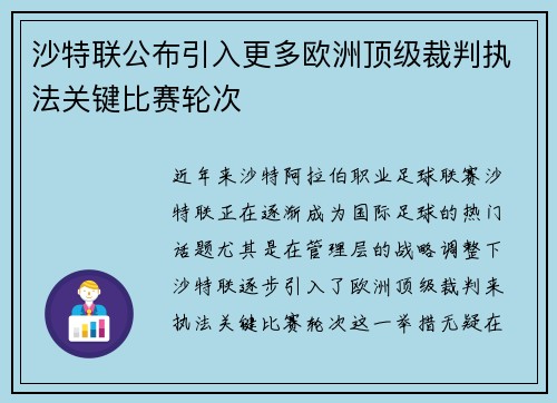 沙特联公布引入更多欧洲顶级裁判执法关键比赛轮次